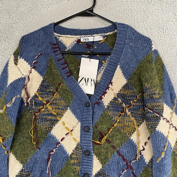 Zara Cardigan Sweater Womens Large Blue Argyle Button Front Patchwork Grandpa - Picture 3 of 15